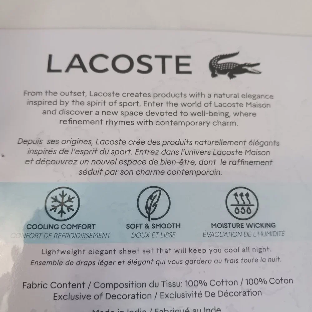 Lacoste Sheet Set White 4pcs Cooling Solid 100% Cotton size Queen